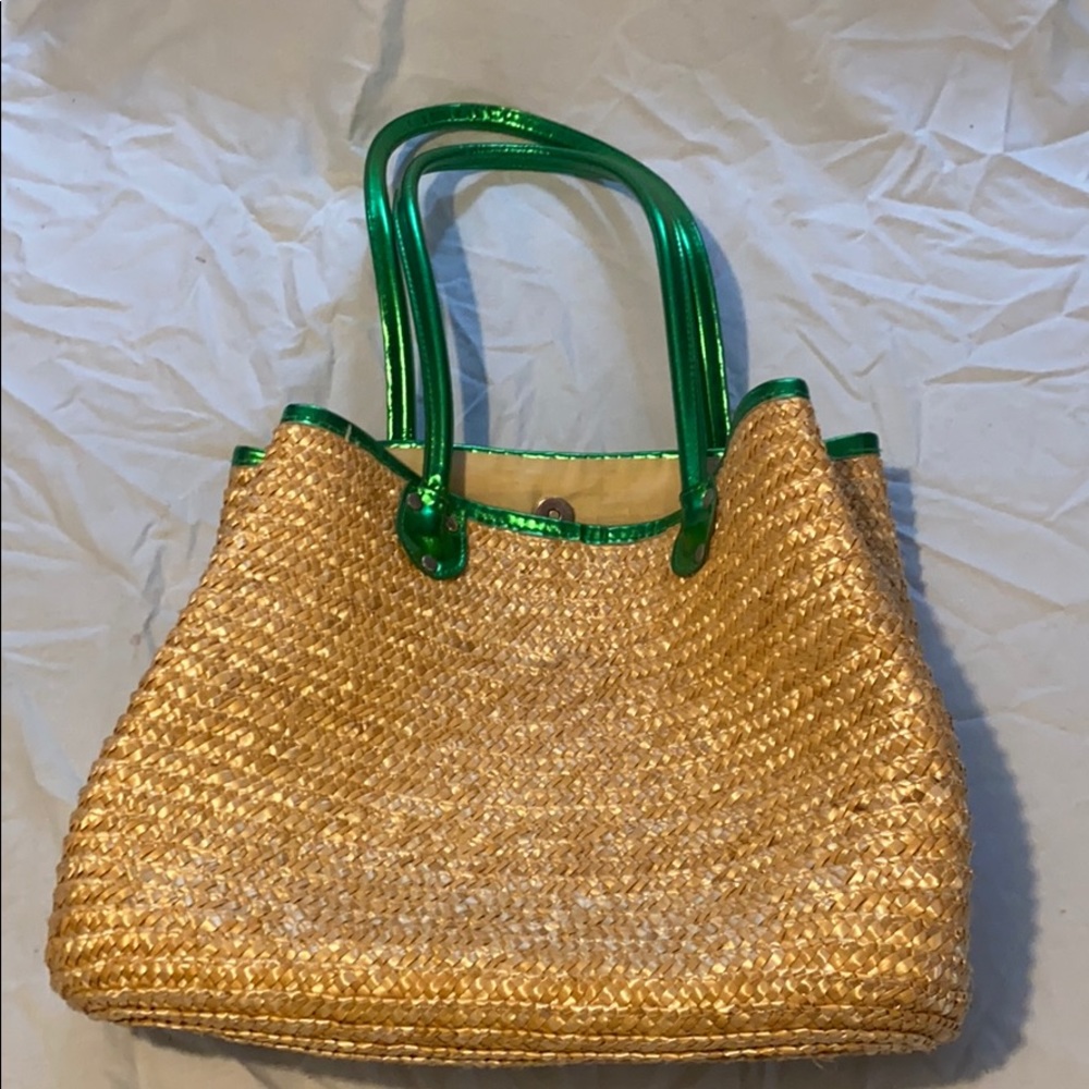 Straw tote with green metallic trim